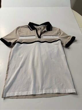 Men's Beige and White Contrast Polo Shirt with Black Trim, Zip Closure, M